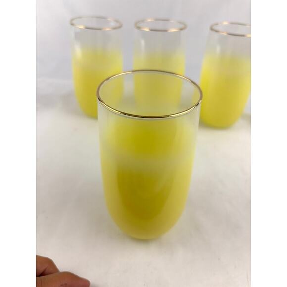 Mid Century Vintage Blendo Yellow Frosted Glass Cocktail Set of 4 Gold Rim 1950s - Picture 13 of 16